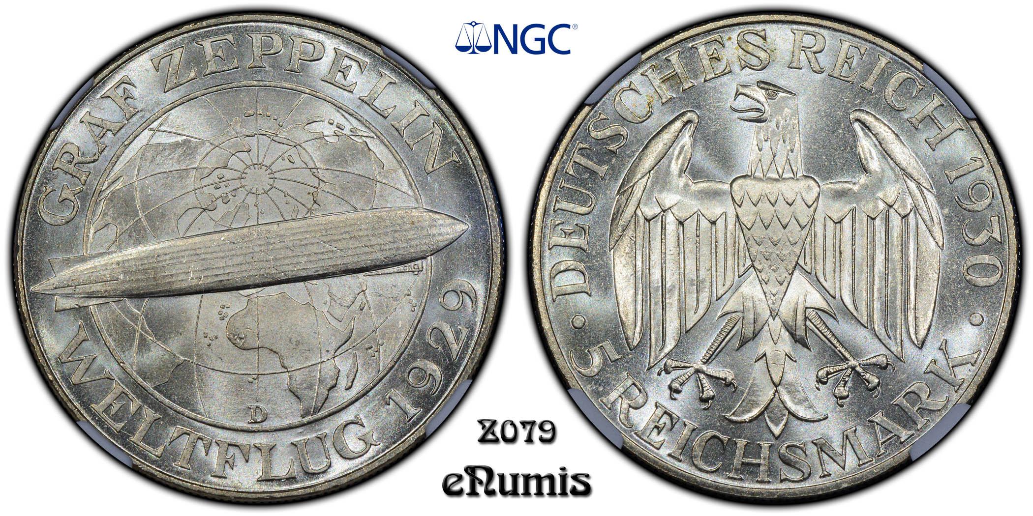 Germany, Weimar Republic, 5 Mark 1930 D, Zeppelin, NGC MS 66