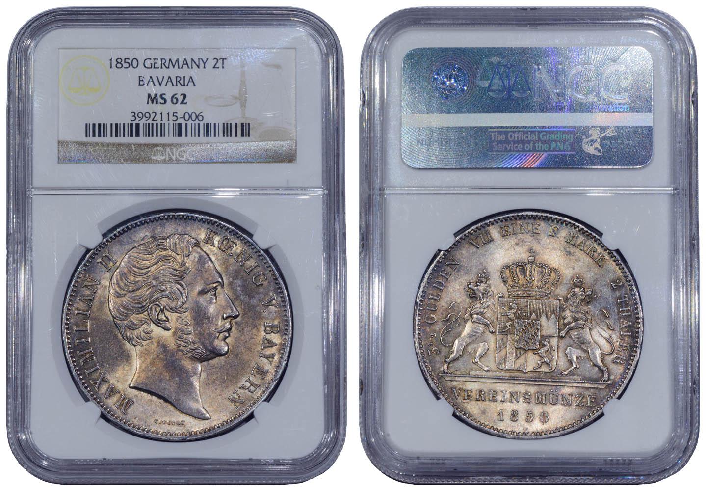 Germany, Bavaria, Maximilian II, 2 Taler 1850, low mintage, Top Pop, NGC MS 62
