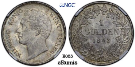 Germany, Wurttemberg, Wilhelm I, Gulden 1843, Top Pop, NGC MS 64