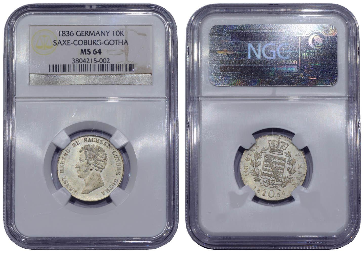 Germany, Saxe-Coburg-Gotha, Ernst I, 10 Kreuzer 1836, NGC MS 64