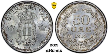 SWEDEN, Oscar II, 50 Ore 1906, better year, PCGS MS 66
