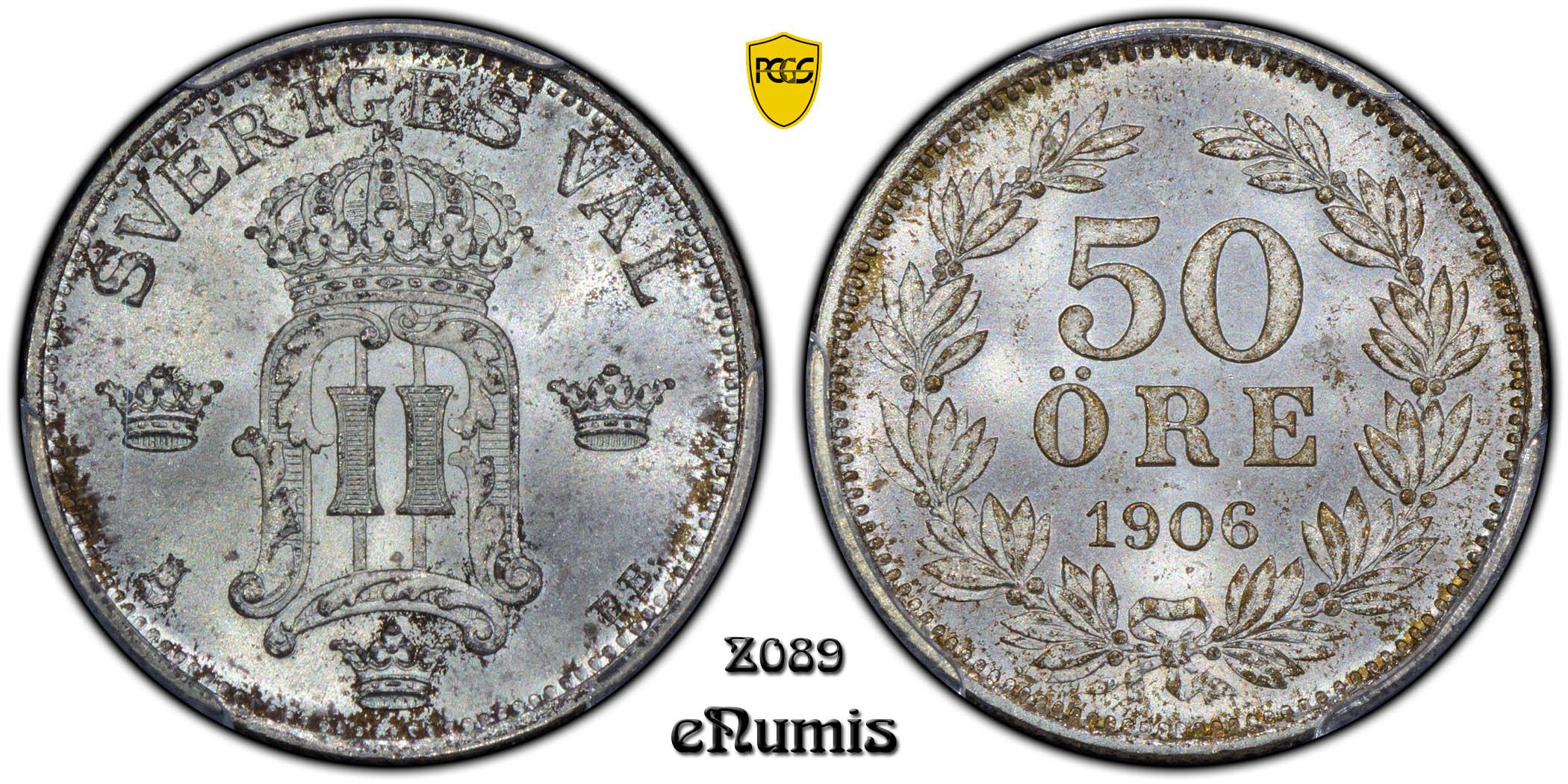 SWEDEN, Oscar II, 50 Ore 1906, better year, PCGS MS 66