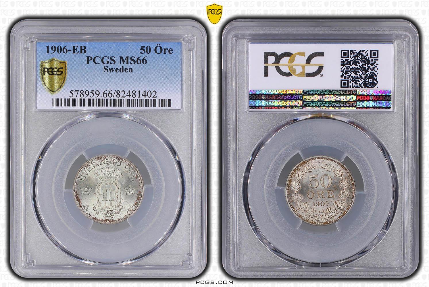SWEDEN, Oscar II, 50 Ore 1906, better year, PCGS MS 66