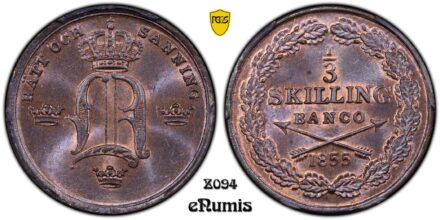 SWEDEN, Oscar I, 1/3 Skilling Banco 1855, Top Pop, PCGS MS 65 RB