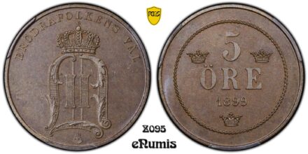 SWEDEN, Oscar II, 5 Ore 1899, Top Pop, PCGS MS 65 BN