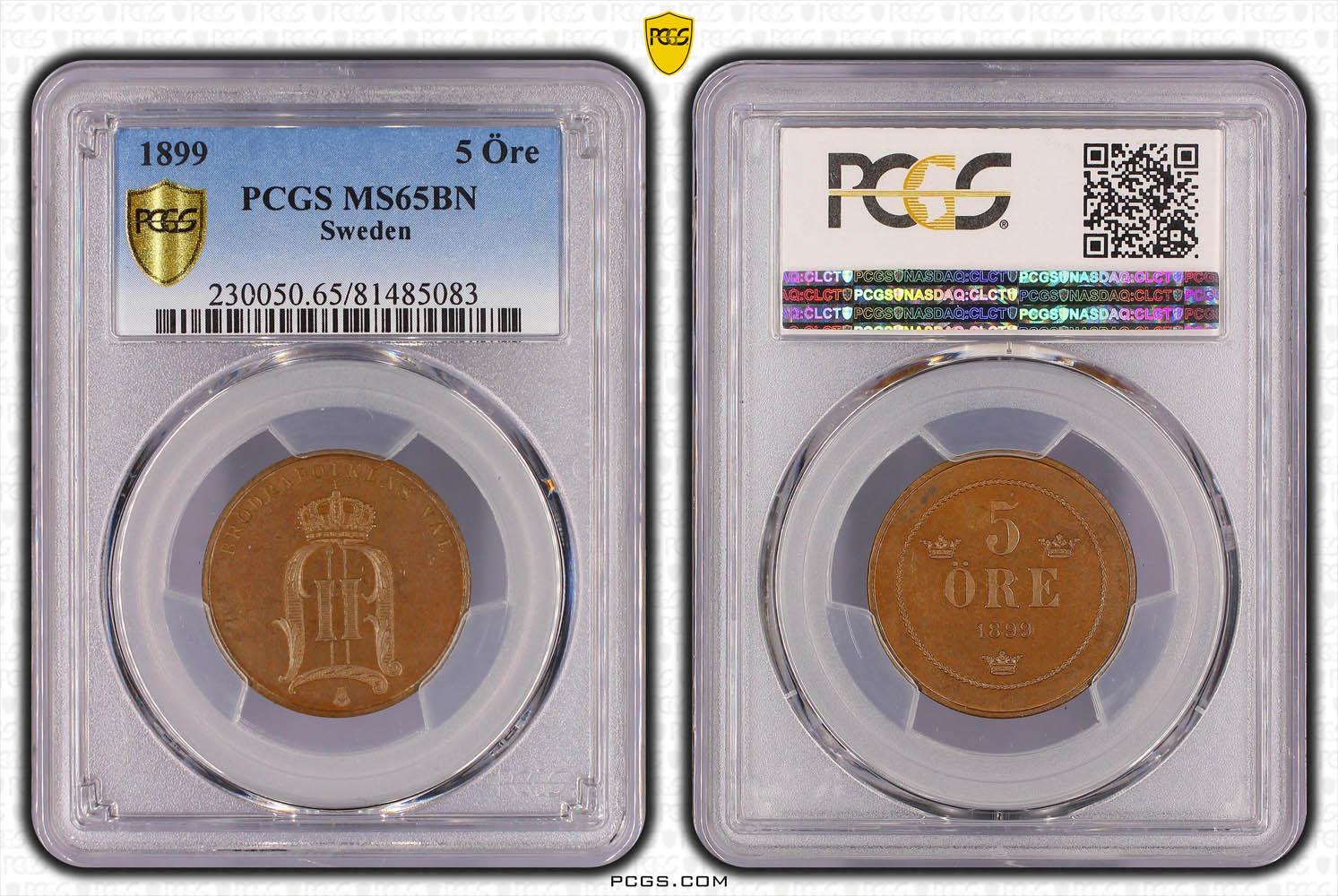 SWEDEN, Oscar II, 5 Ore 1899, Top Pop, PCGS MS 65 BN