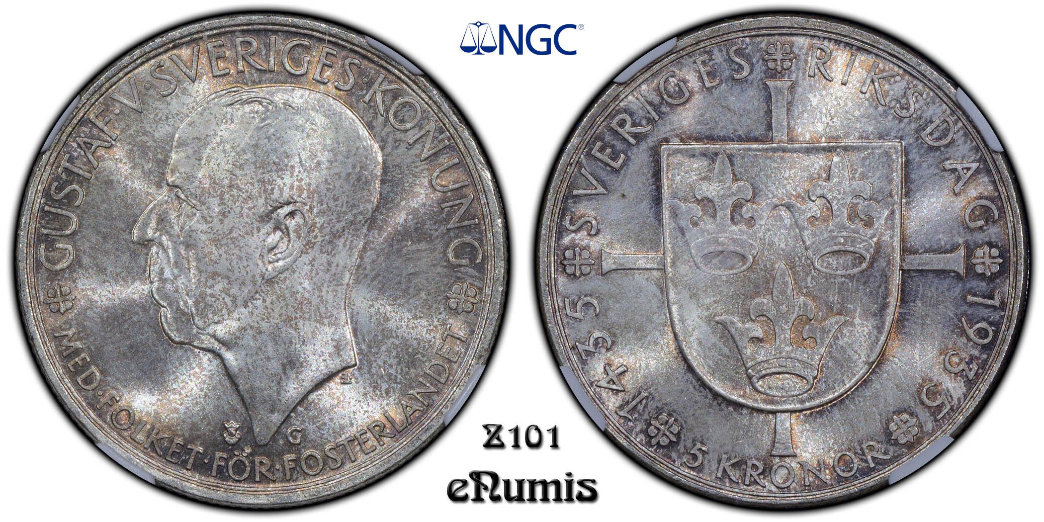 SWEDEN, Gustaf V, 5 Kronor 1935, 500th Anniversary of Riksdag, NGC MS 65