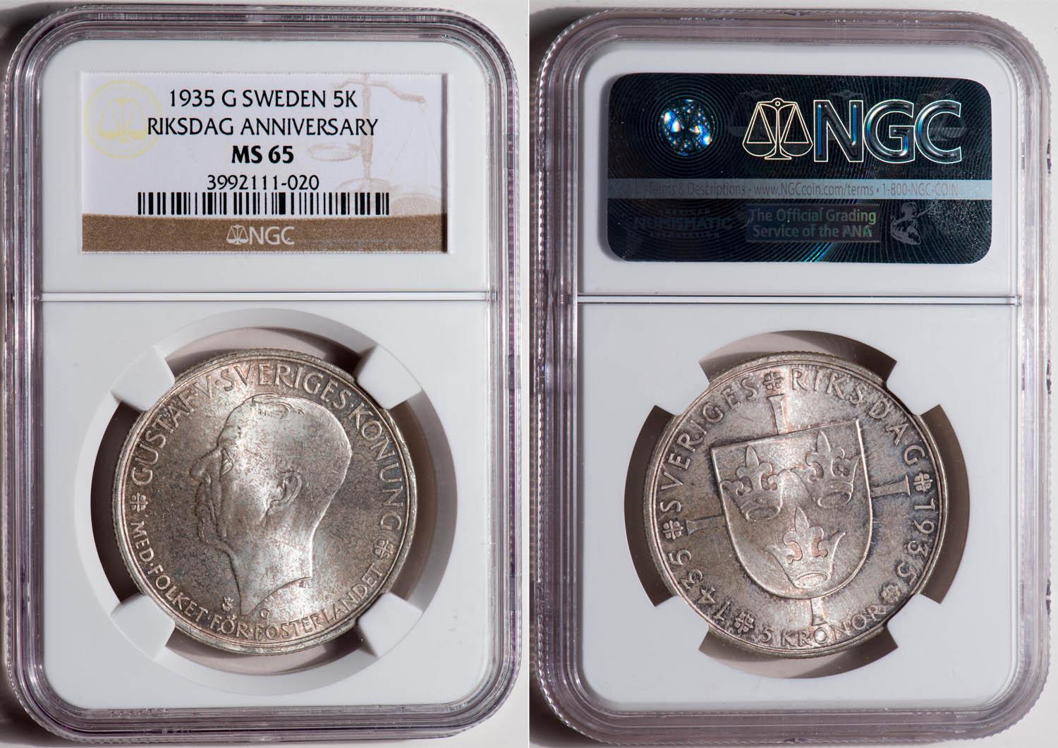 SWEDEN, Gustaf V, 5 Kronor 1935, 500th Anniversary of Riksdag, NGC MS 65