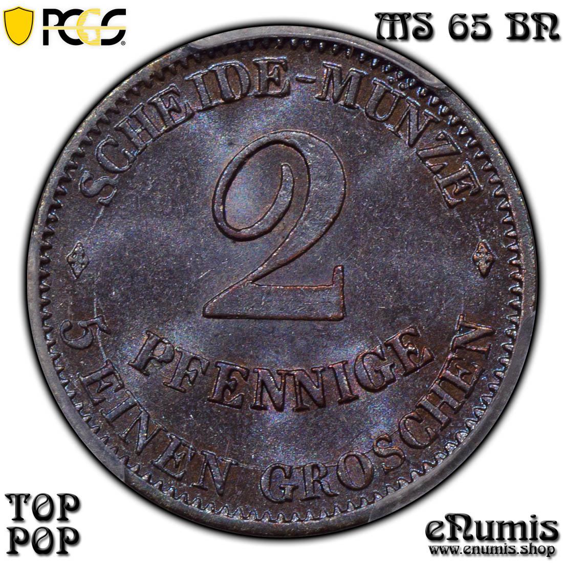 GERMANY Saxe-Coburg-Gotha, Ernst II, 2 Pfennige 1856, Top Pop, MS 65 BN