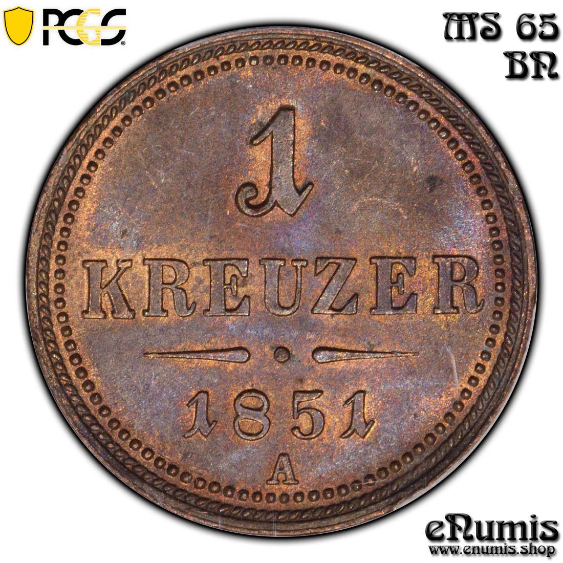 AUSTRIA, Franz Joseph I, 1 Kreuzer 1851, PCGS MS 65 BN