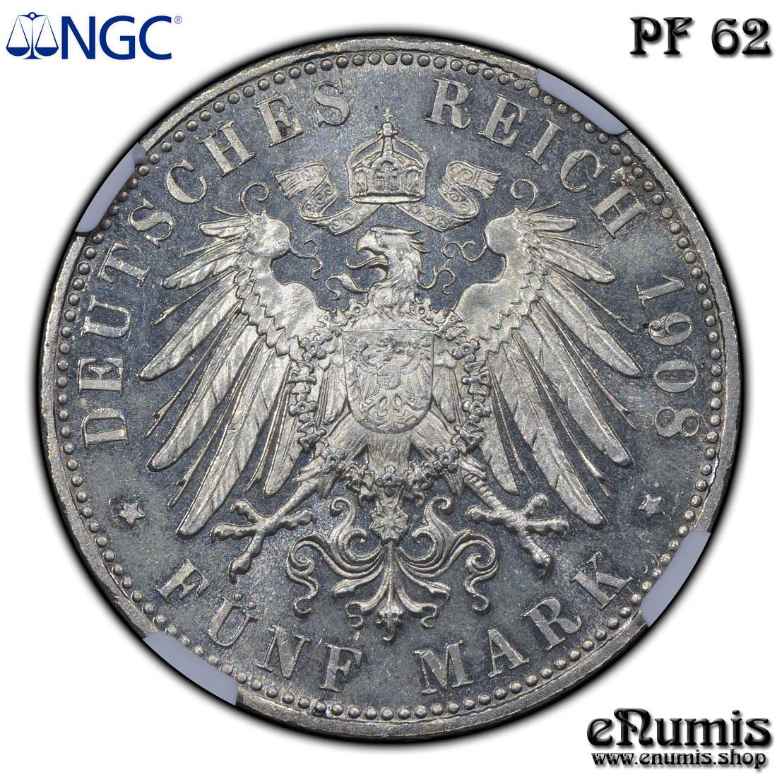 GERMANY BAVARIA, Otto, 5 Mark 1908, PROOF, NGC PF 62