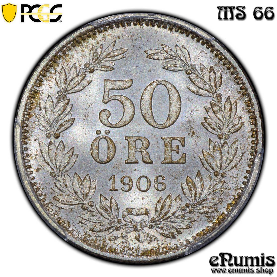 SWEDEN, Oscar II, 50 Ore 1906, better year, PCGS MS 66