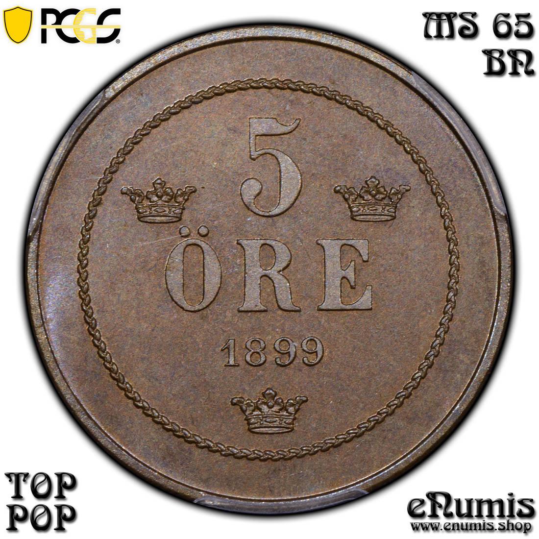 SWEDEN, Oscar II, 5 Ore 1899, Top Pop, PCGS MS 65 BN SWEDEN, Oscar II, 5 Ore 1899, Top Pop, PCGS MS 65 BN