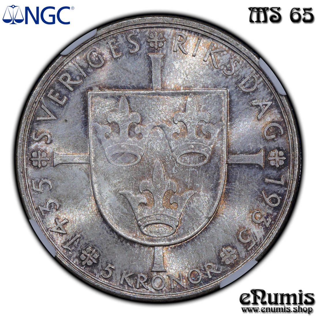 SWEDEN, Gustaf V, 5 Kronor 1935, 500th Anniversary of Riksdag, NGC MS 65