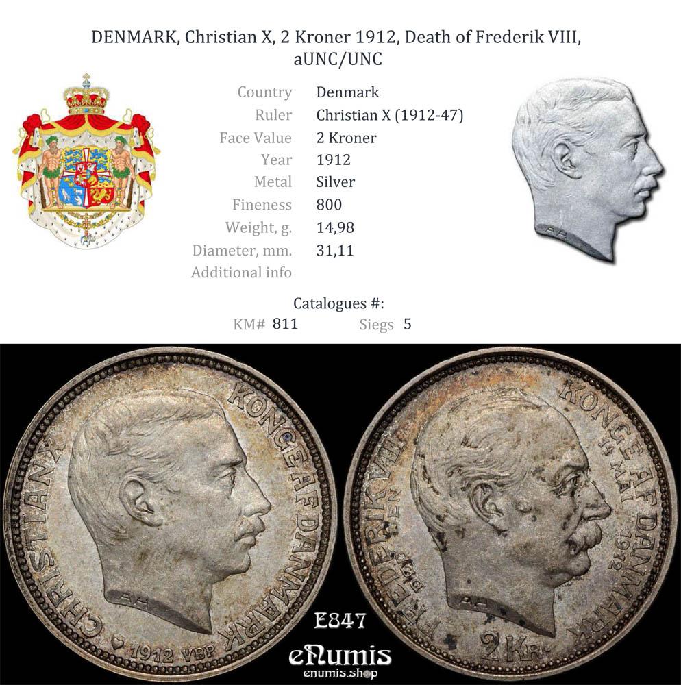 DENMARK, Christian X, 2 Kroner 1912, Death of Frederik VIII, aUNC/UNC DENMARK, Christian X, 2 Kroner 1912, Death of Frederik VIII, aUNC/UNC