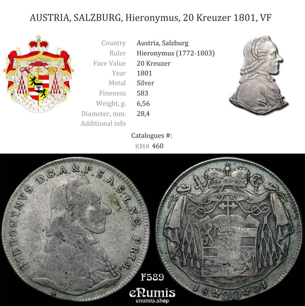 AUSTRIA, SALZBURG, Hieronymus, 20 Kreuzer 1801, VF AUSTRIA, SALZBURG, Hieronymus, 20 Kreuzer 1801, VF