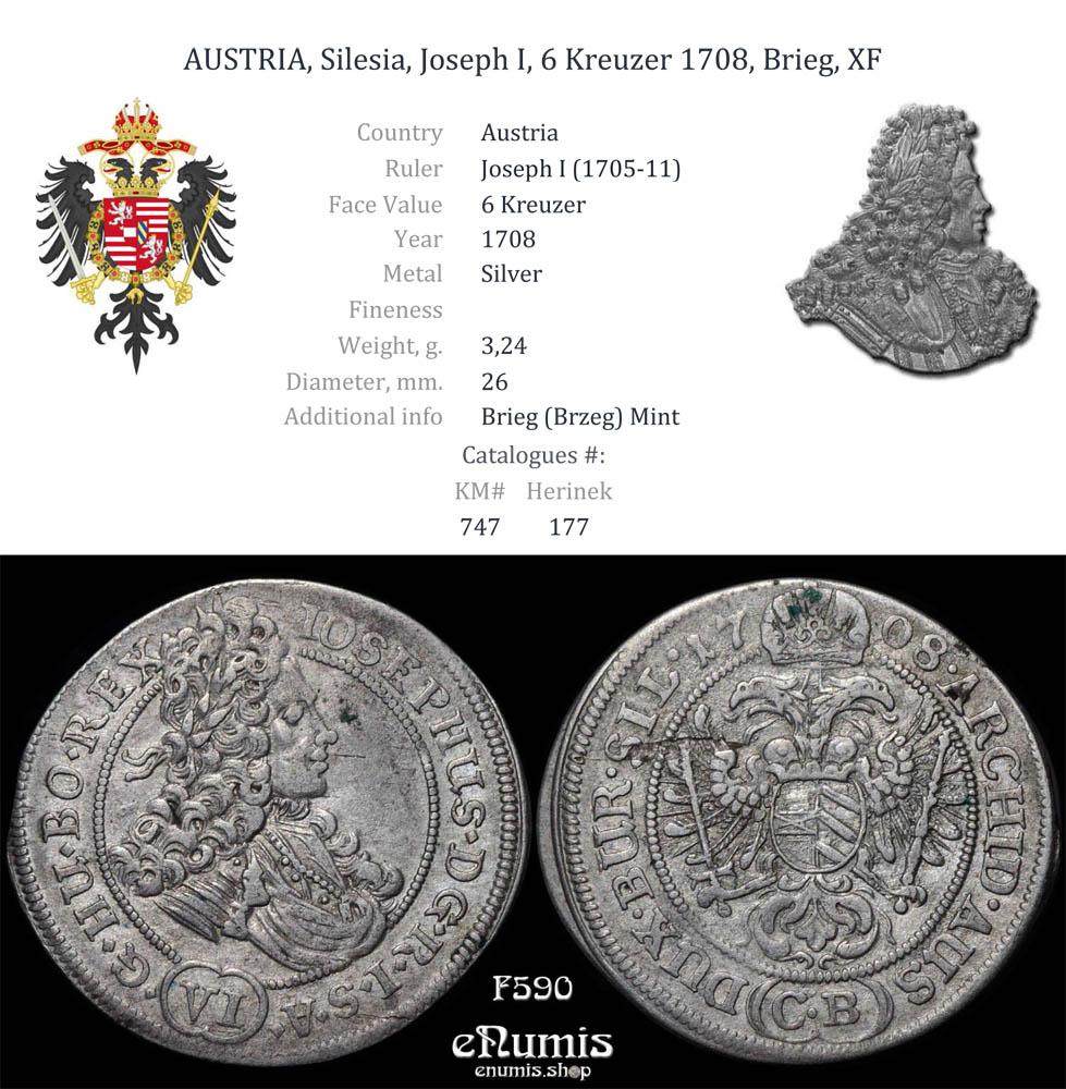 AUSTRIA, Silesia, Joseph I, 6 Kreuzer 1708, Brieg, XF AUSTRIA, Silesia, Joseph I, 6 Kreuzer 1708, Brieg, XF