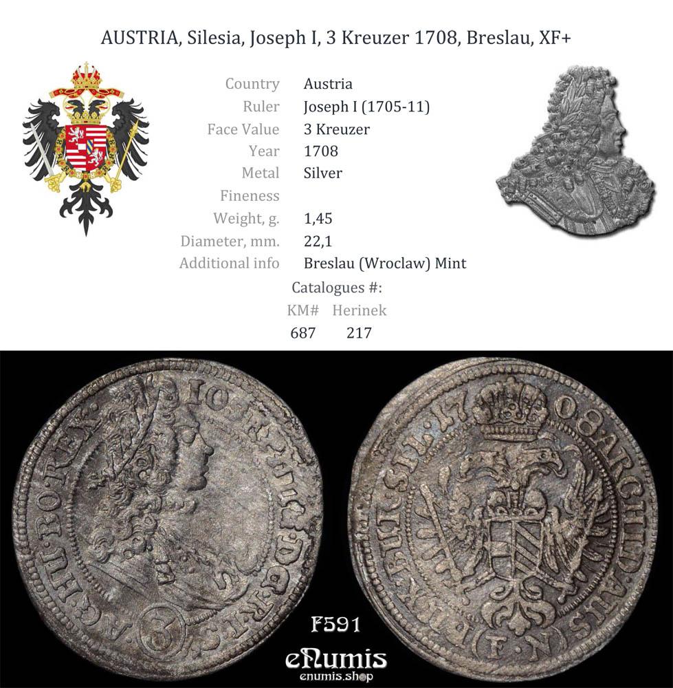 AUSTRIA, Silesia, Joseph I, 3 Kreuzer 1708, Breslau, XF+