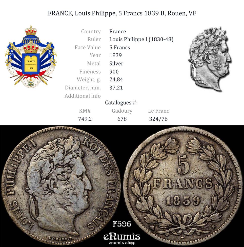 FRANCE, Louis Philippe, 5 Francs 1839 B, Rouen, VF