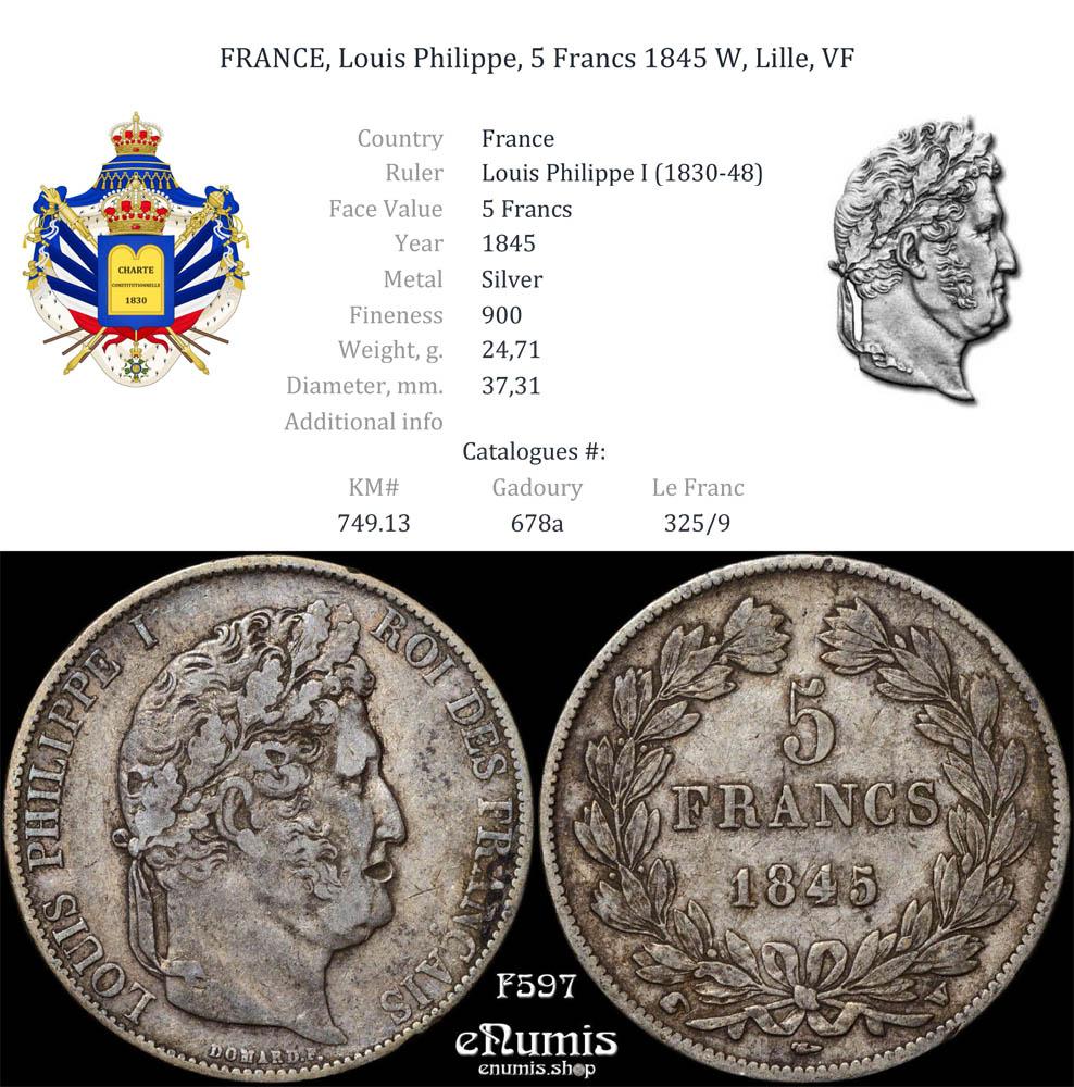 FRANCE, Louis Philippe, 5 Francs 1845 W, Lille, VF