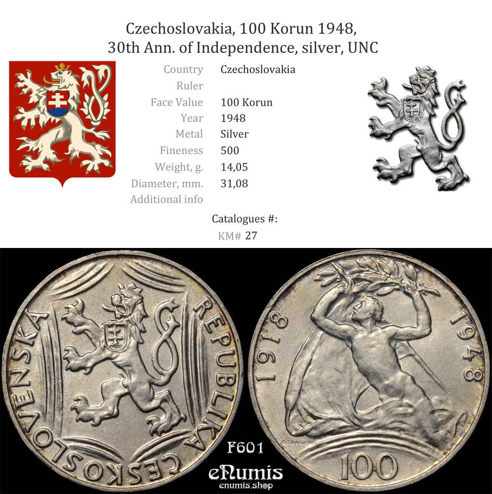 Czechoslovakia, 100 Korun 1948, 30th Ann. of Independence, silver, UNC Czechoslovakia, 100 Korun 1948, 30th Ann. of Independence, silver, UNC