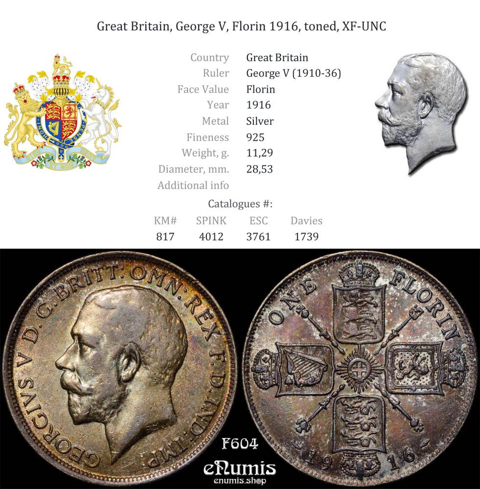 Great Britain, George V, Florin 1916, toned, XF-UNC