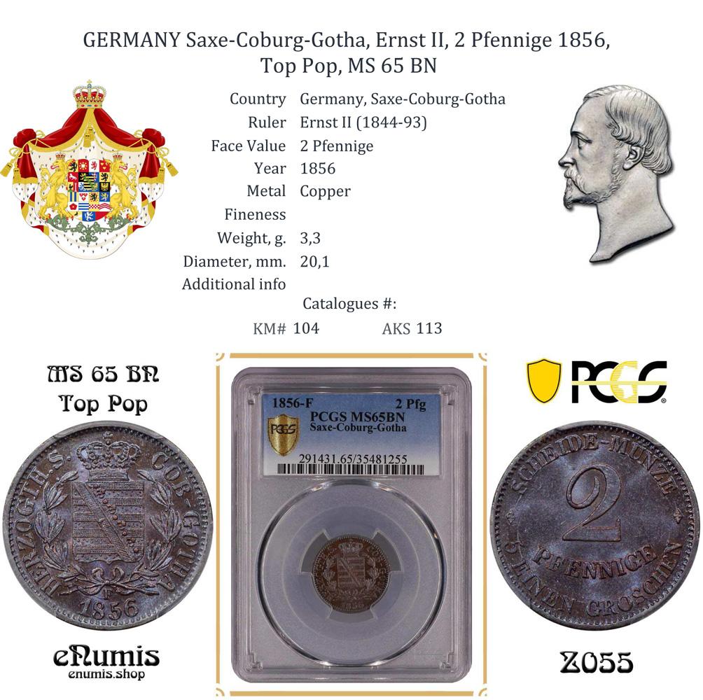 GERMANY Saxe-Coburg-Gotha, Ernst II, 2 Pfennige 1856, Top Pop, MS 65 BN