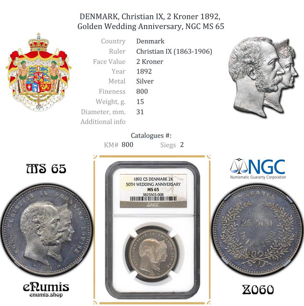 DENMARK, Christian IX, 2 Kroner 1892, Golden Wedding Anniversary, NGC MS 65