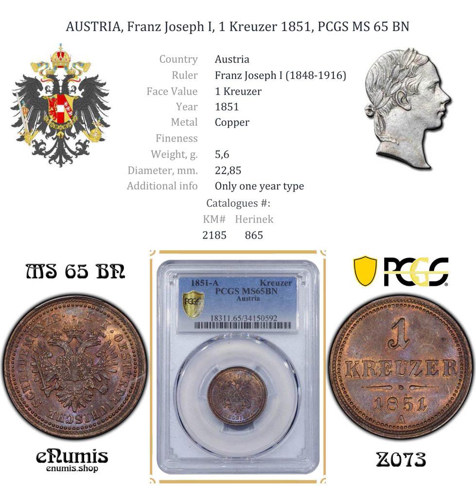 AUSTRIA, Franz Joseph I, 1 Kreuzer 1851, PCGS MS 65 BN