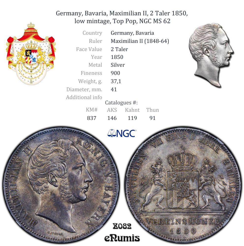 Germany, Bavaria, Maximilian II, 2 Taler 1850, low mintage, Top Pop, NGC MS 62