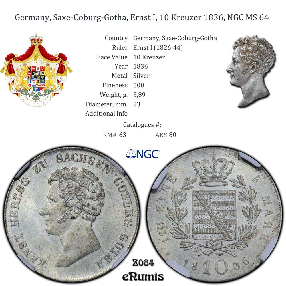 Germany, Saxe-Coburg-Gotha, Ernst I, 10 Kreuzer 1836, NGC MS 64