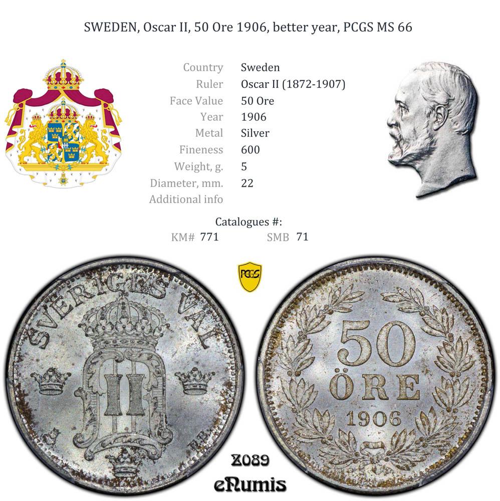SWEDEN, Oscar II, 50 Ore 1906, better year, PCGS MS 66