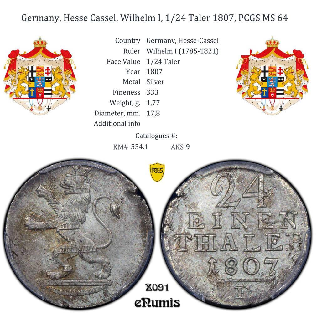 Germany, Hesse Cassel, Wilhelm I, 1/24 Taler 1807, PCGS MS 64