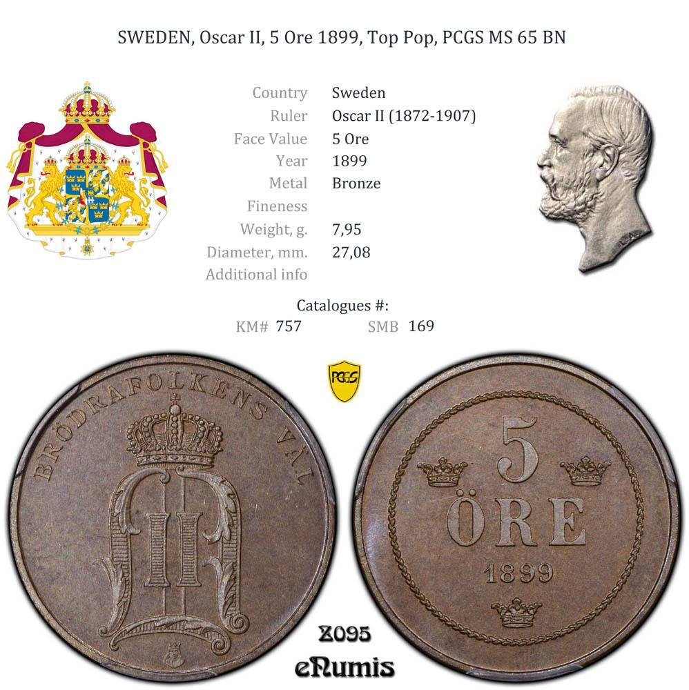 SWEDEN, Oscar II, 5 Ore 1899, Top Pop, PCGS MS 65 BN