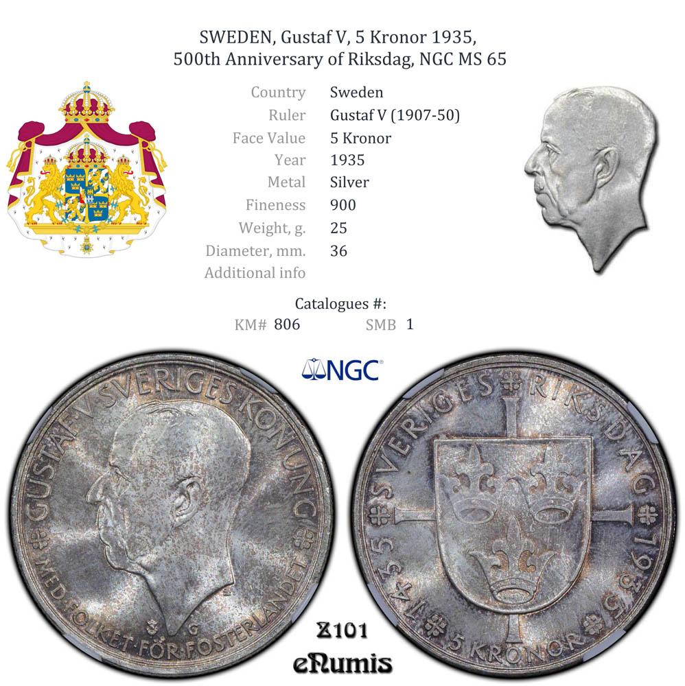 SWEDEN, Gustaf V, 5 Kronor 1935, 500th Anniversary of Riksdag, NGC MS 65