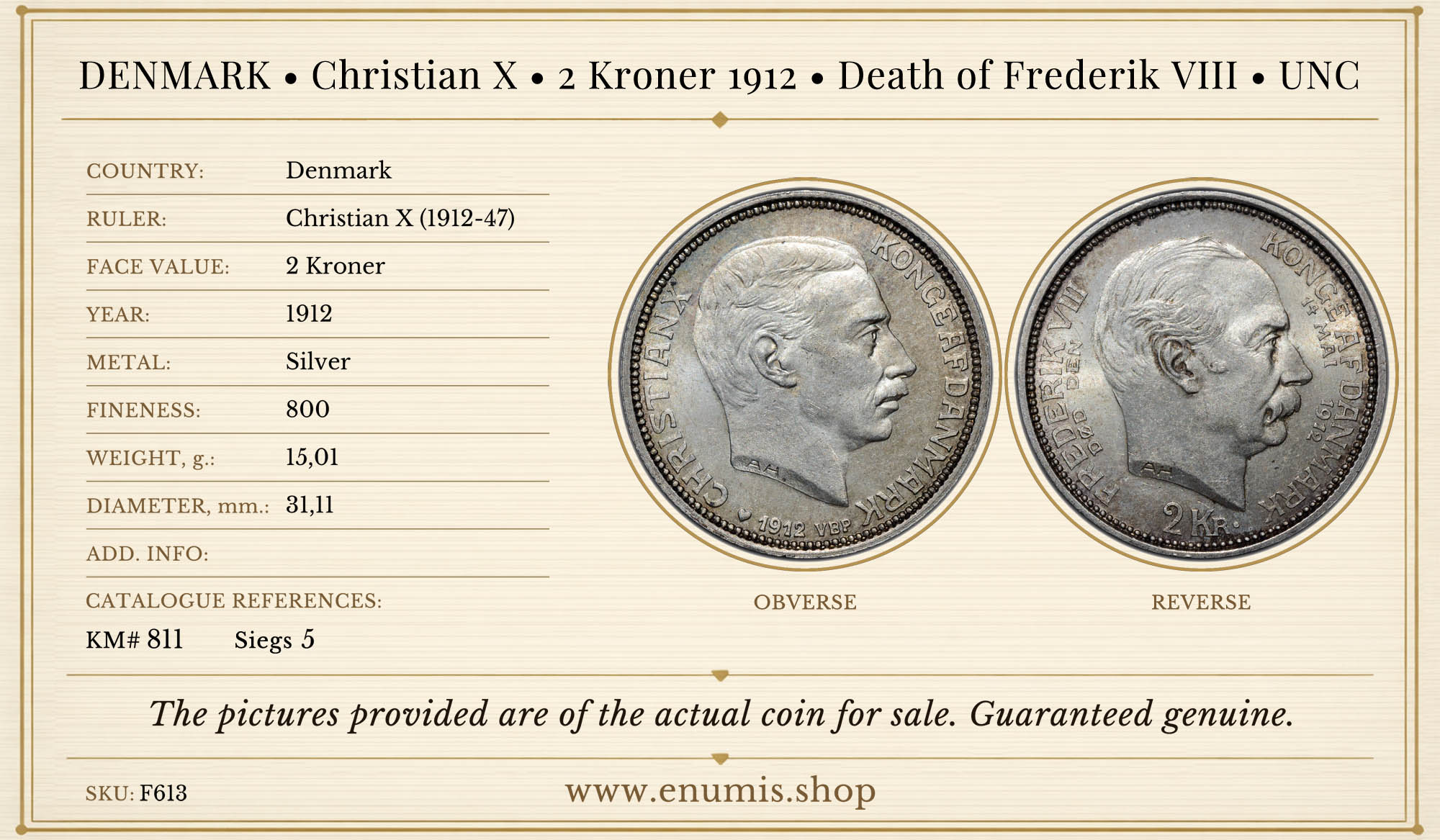 DENMARK, Christian X, 2 Kroner 1912, Death of Frederik VIII, UNC