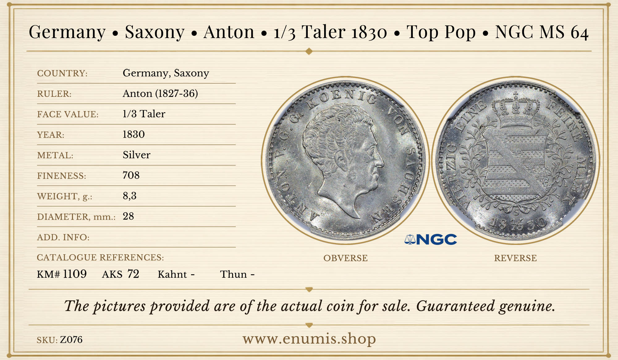 Germany, Saxony, Anton, 1/3 Taler 1830, Top Pop, NGC MS 64 Germany, Saxony, Anton, 1/3 Taler 1830, Top Pop, NGC MS 64