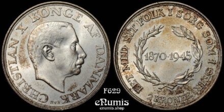 DENMARK, Christian X, 2 Kroner 1945, King’s 75th Birthday, UNC