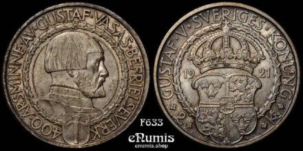 SWEDEN, Gustaf V, 2 Kronor 1921, 400th Anniversary of Political Liberty, UNC