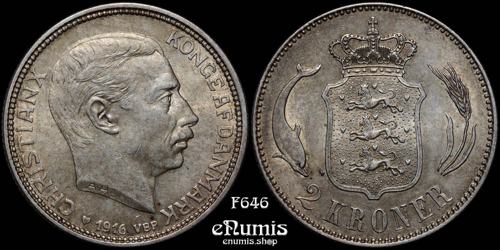 DENMARK, Christian X, 2 Kroner 1916 VBP AH, UNC