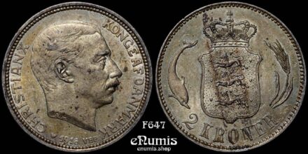 DENMARK, Christian X, 2 Kroner 1916 VBP AH, aUNC/UNC