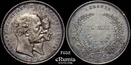DENMARK, Christian IX, 2 Kroner 1892, Golden Wedding Anniversary, XF+