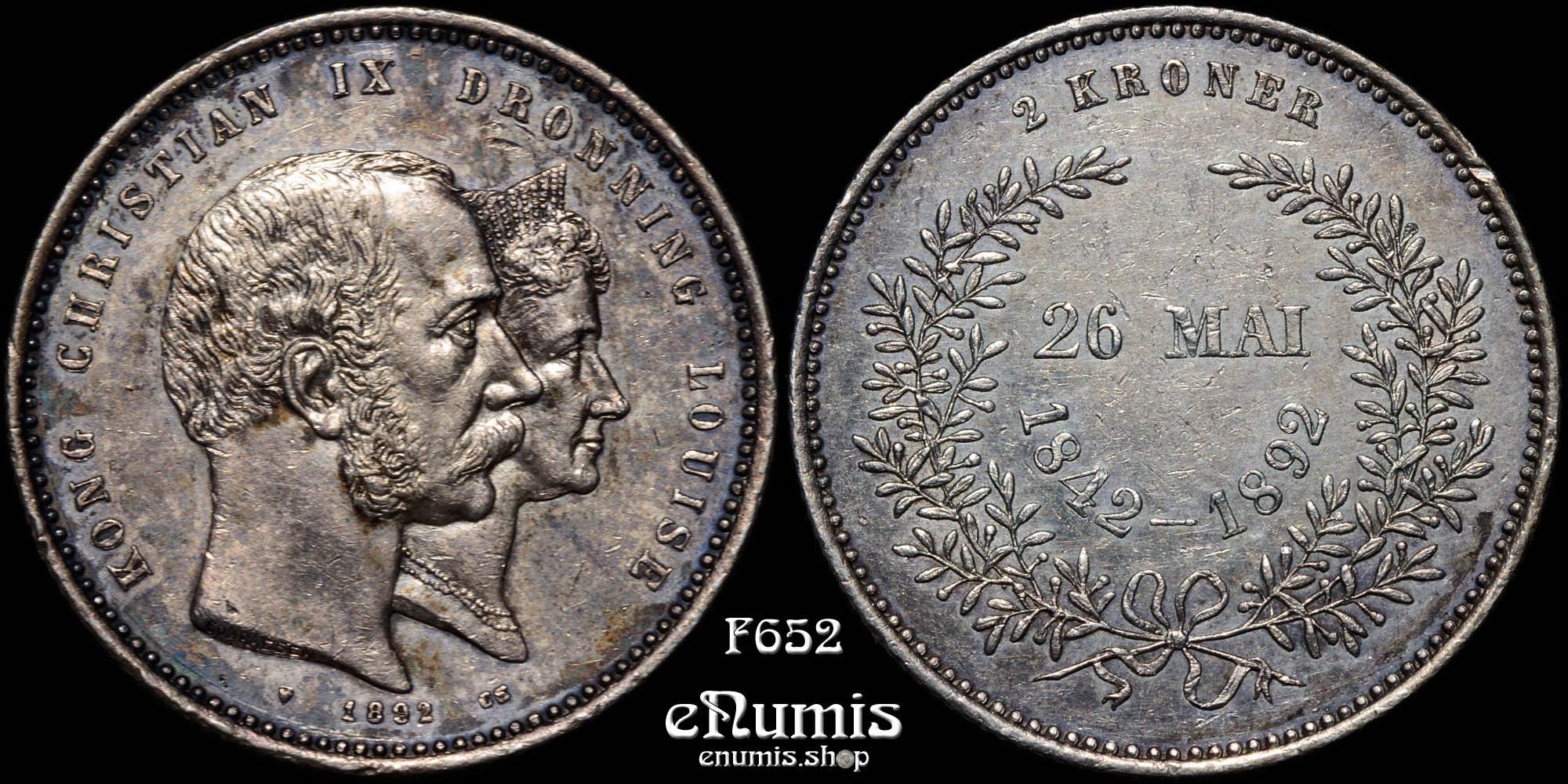 DENMARK, Christian IX, 2 Kroner 1892, Golden Wedding Anniversary, XF+