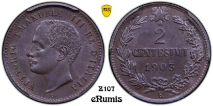 ITALY, Vittorio Emanuele III, 2 Centesimi 1903, PCGS MS 65 BN