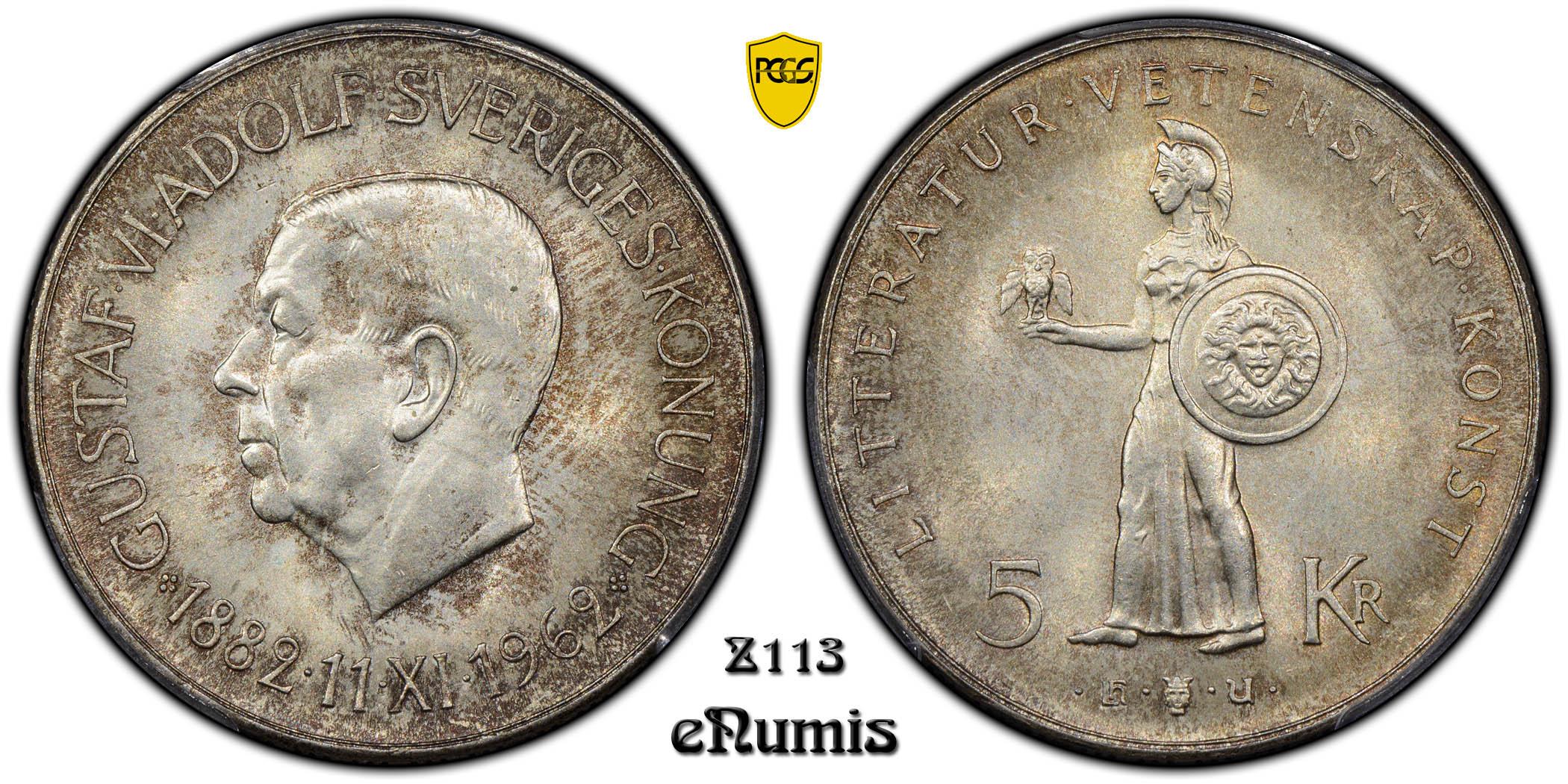 SWEDEN, Gustaf VI Adolf, 5 Kronor 1962, 80th Birthday, Top Pop, PCGS MS 65