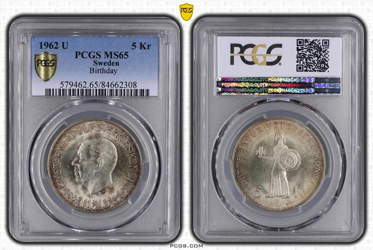 SWEDEN, Gustaf VI Adolf, 5 Kronor 1962, 80th Birthday, Top Pop, PCGS MS 65