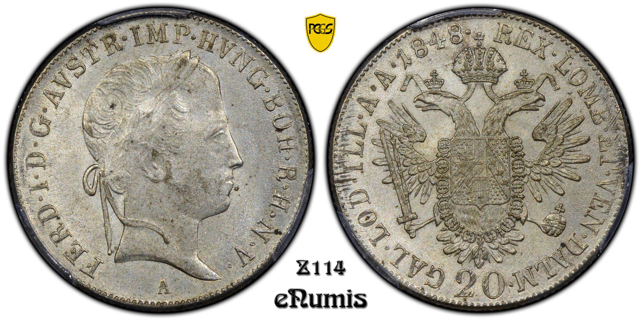 AUSTRIA, Ferdinand I, 20 Kreuzer 1848 A, PCGS MS 63 AUSTRIA, Ferdinand I, 20 Kreuzer 1848 A, PCGS MS 63
