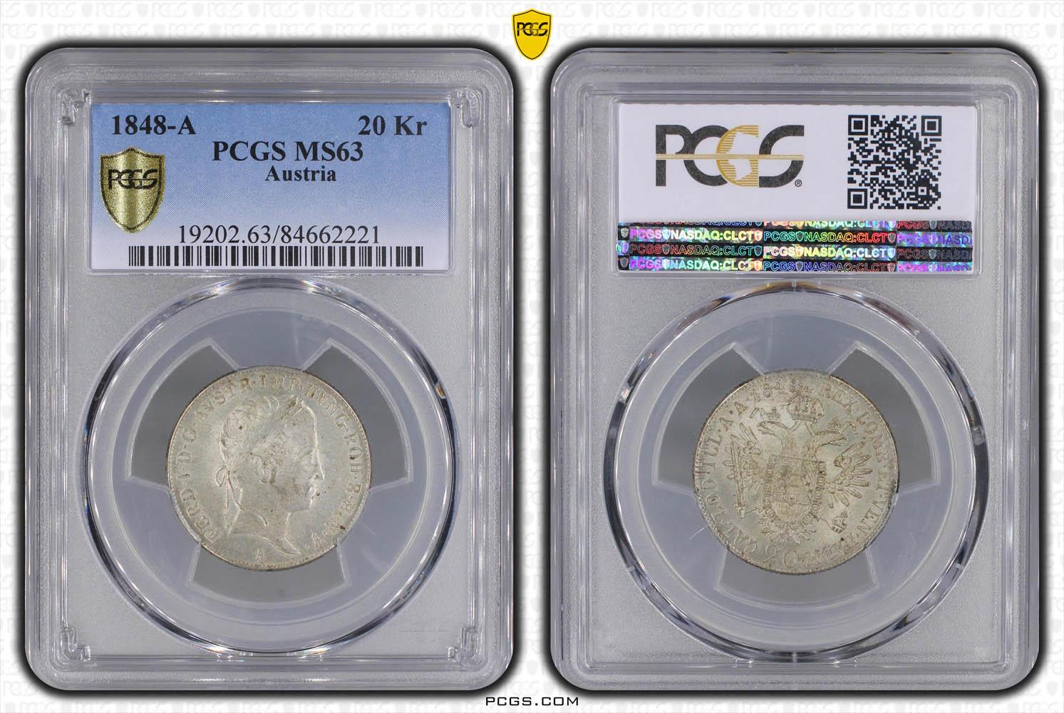 AUSTRIA, Ferdinand I, 20 Kreuzer 1848 A, PCGS MS 63 AUSTRIA, Ferdinand I, 20 Kreuzer 1848 A, PCGS MS 63