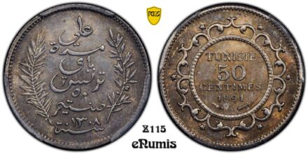 TUNISIA, Ali III, 50 Centimes 1891, nicely toned, PCGS MS 64
