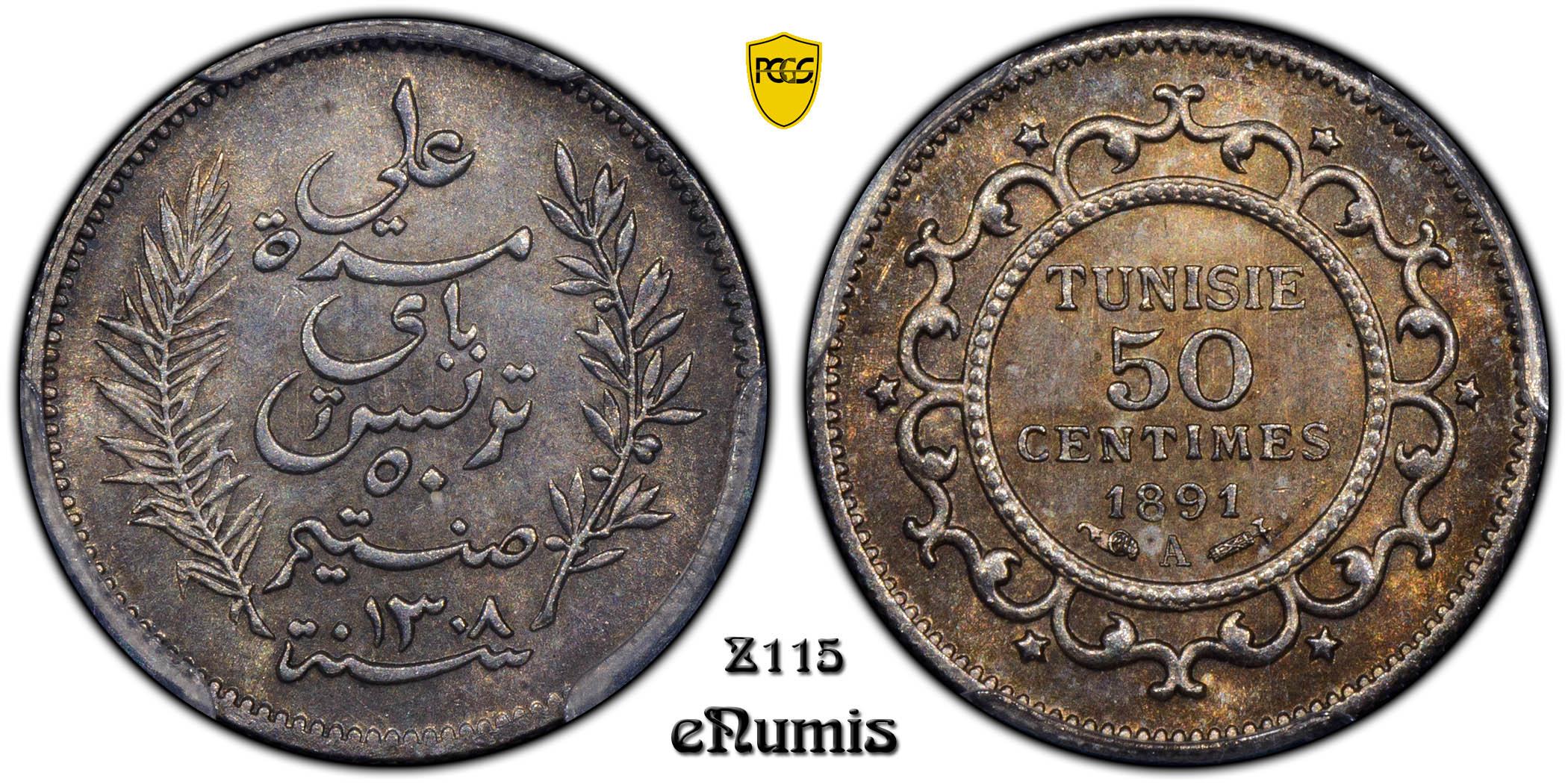 TUNISIA, Ali III, 50 Centimes 1891, nicely toned, PCGS MS 64 TUNISIA, Ali III, 50 Centimes 1891, nicely toned, PCGS MS 64